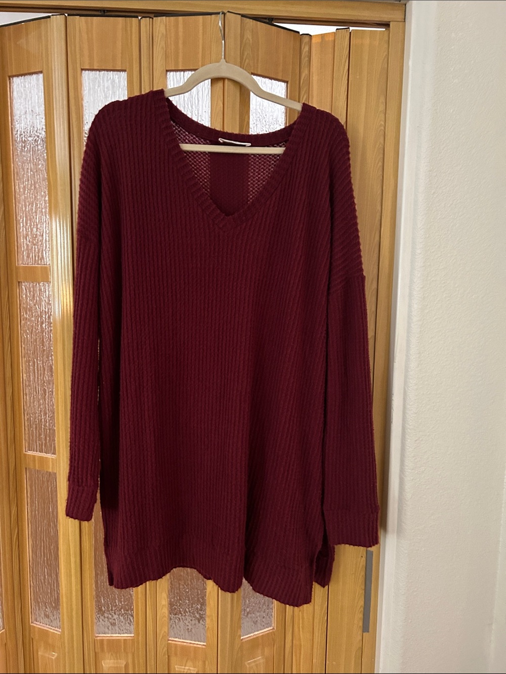 Zenana Outfitters Burgundy Waffle Knit V-Neck Sweater